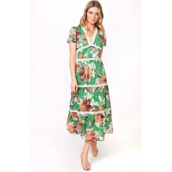 Adelyn Rae‎ Lian Jacquard Printed Midi Dress XL Green Floral Tropical Boho - Picture 1 of 12